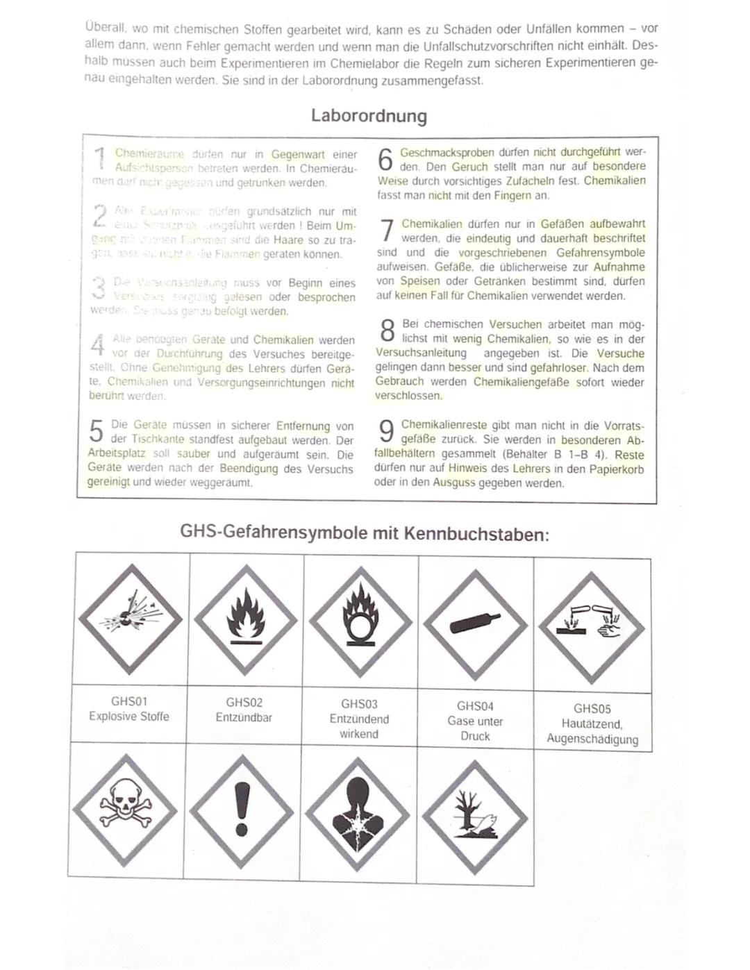 Sicherheitsregeln und GHS Symbole im Chemieunterricht