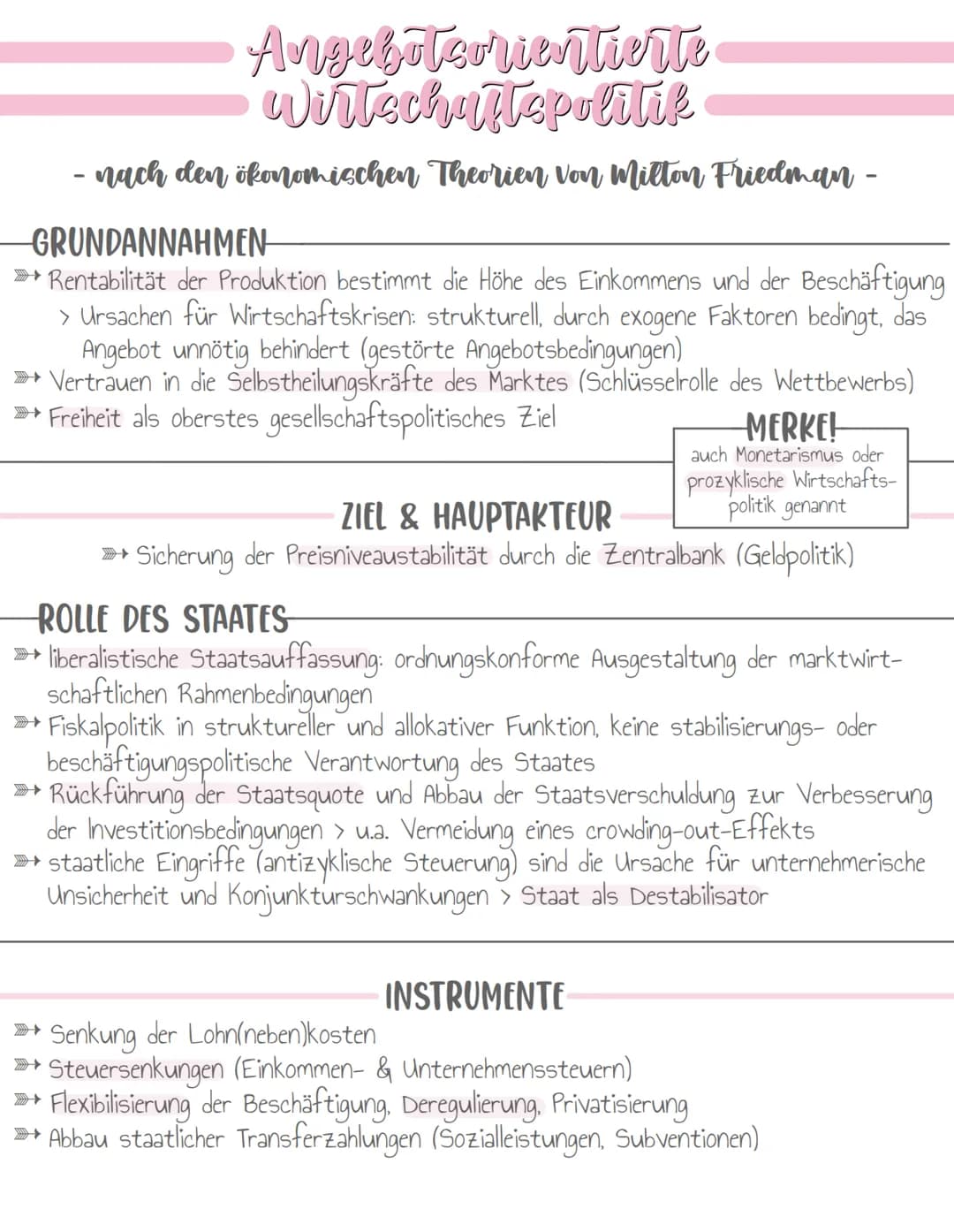 Angebotsorientierte
Wirtschaftspolitik
- nach den ökonomischen Theorien von Milton Friedman -
GRUNDANNAHMEN-
» Rentabilität der Produktion b