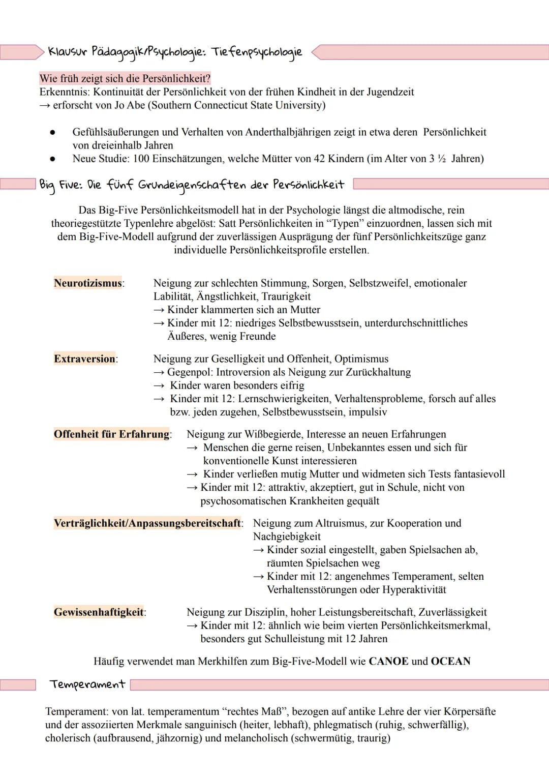 ·Klausur Pädagogik/Psychologie: Tiefenpsychologie
Wie früh zeigt sich die Persönlichkeit?
Erkenntnis: Kontinuität der Persönlichkeit von der