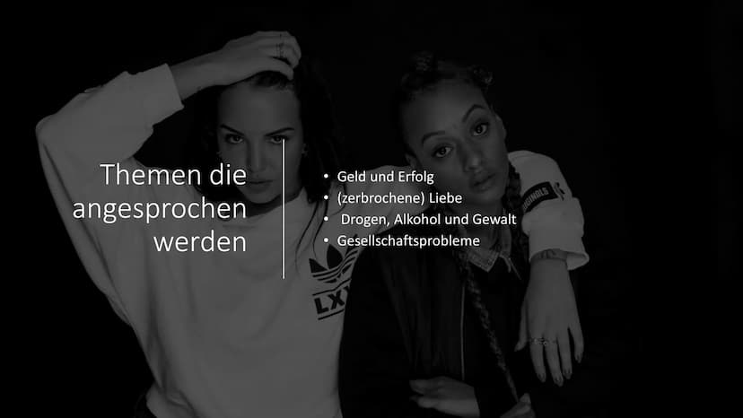 Deutschrap
VIKE
AIR Deutschrap
Deutschrap ist Hip-Hop-Musik die oftmals im Sprechgesang gerappt wird und aggressiv aber auch
lässig wirkt. S