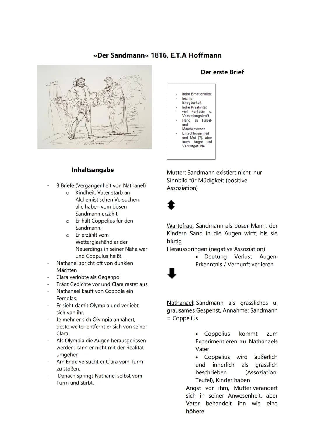 O
»Der Sandmann« 1816, E.T.A Hoffmann
Inhaltsangabe
3 Briefe (Vergangenheit von Nathanel)
O
Kindheit: Vater starb an
Alchemistischen Versuch