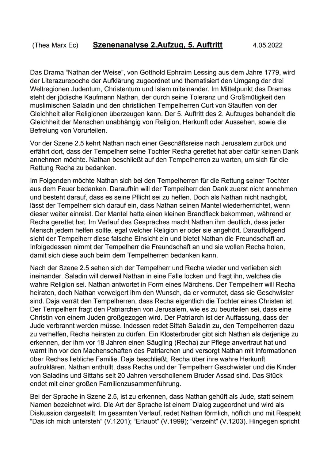 (Thea Marx Ec)
Szenenanalyse 2.Aufzug, 5. Auftritt
4.05.2022
Das Drama "Nathan der Weise", von Gotthold Ephraim Lessing aus dem Jahre 1779, 