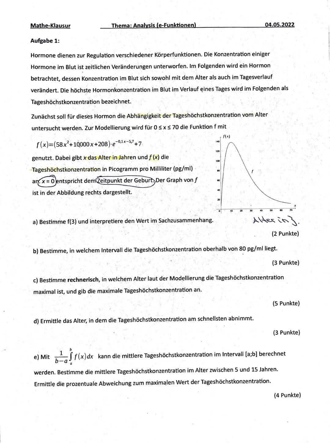 Mathe-Klausur'
Thema: Analysis (e-Funktionen)
Hilfsmittelfreier Teil - Zeit: Maximal 40 Minuten
Aufgabe 1:
Gegeben ist die Funktion f durch 