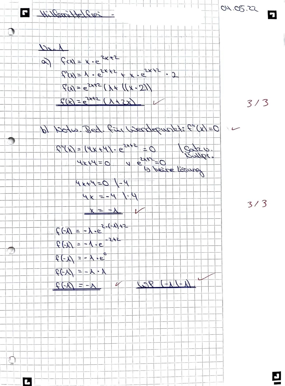 Mathe-Klausur'
Thema: Analysis (e-Funktionen)
Hilfsmittelfreier Teil - Zeit: Maximal 40 Minuten
Aufgabe 1:
Gegeben ist die Funktion f durch 