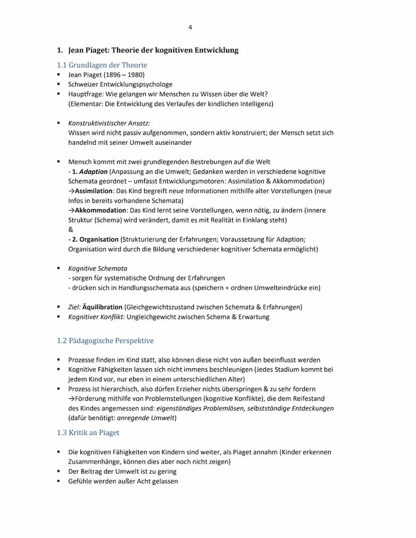 Pädagogik Lk
Lernzettel Abitur 2022
Inhalt
1. Jean Piaget: Theorie der kognitiven Entwicklung
1.1
Grundlagen der Theorie
1.2
Pädagogische Pe