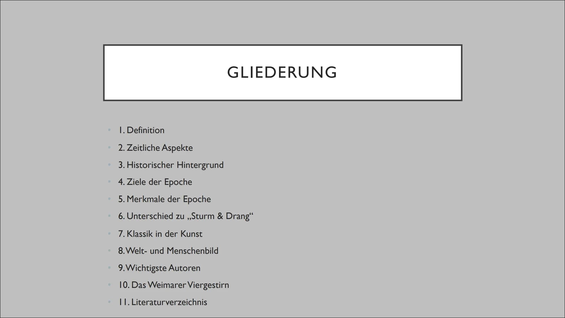 WEIMARER KLASSIK
Eine Präsentation von Merle A.
Hoxbxbxhxp 0
1
0
T
•
0
0
I. Definition
2. Zeitliche Aspekte
3. Historischer Hintergrund
4. Z