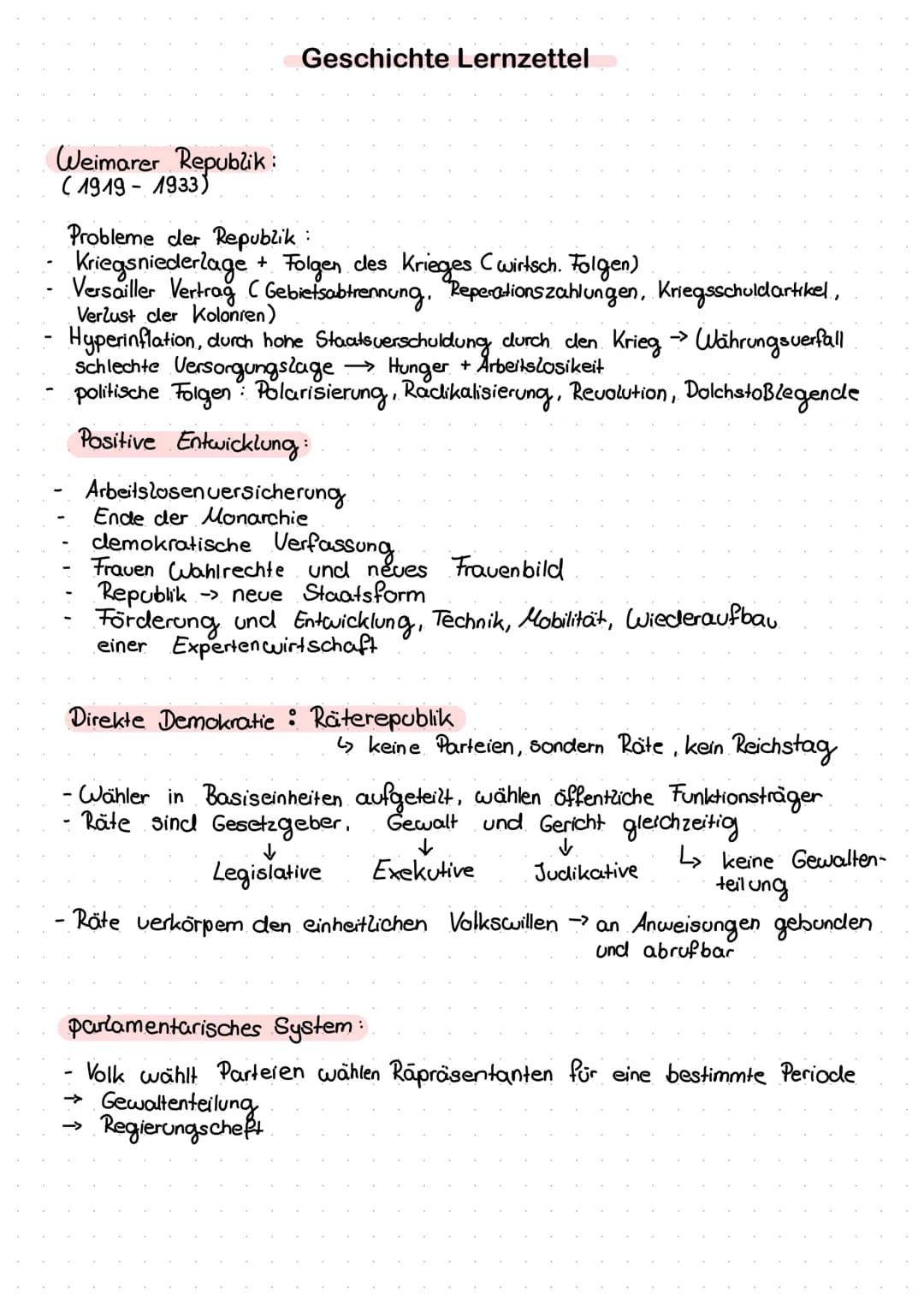 Weimarer Republik:
Geschichte Lernzettel
Probleme der Republik :
Kriegsniederlage + Folgen des Krieges (wirtsch. Folgen)
Versailler Vertrag 
