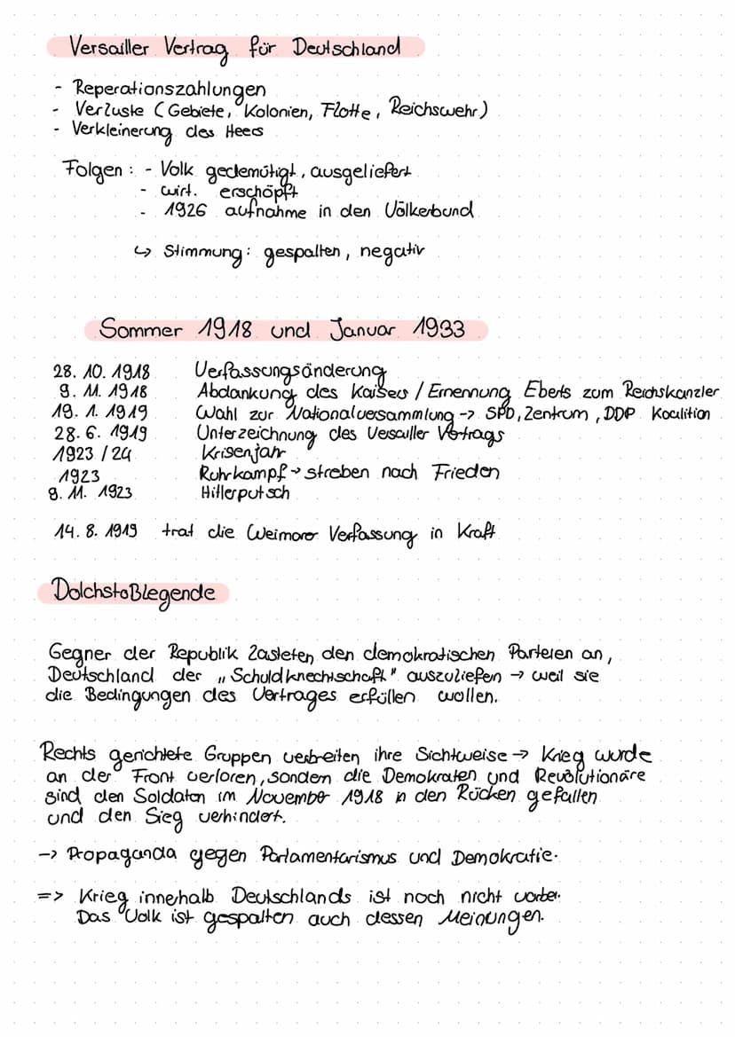 Weimarer Republik:
Geschichte Lernzettel
Probleme der Republik :
Kriegsniederlage + Folgen des Krieges (wirtsch. Folgen)
Versailler Vertrag 