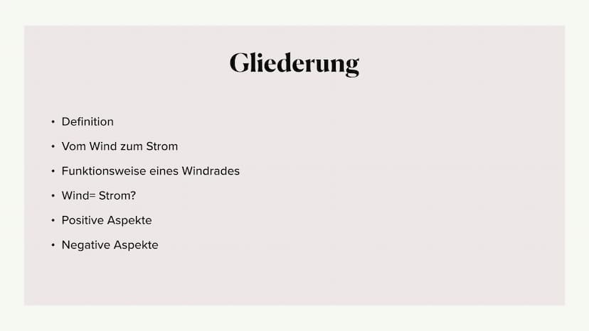 Energie durch
Windräder ●
●
●
Definition
Wind- Strom?
• Positive Aspekte
●
Negative Aspekte
●
Gliederung
Vom Wind zum Strom
Funktionsweise e