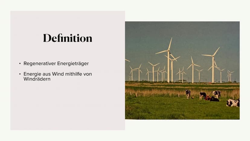 Energie durch
Windräder ●
●
●
Definition
Wind- Strom?
• Positive Aspekte
●
Negative Aspekte
●
Gliederung
Vom Wind zum Strom
Funktionsweise e