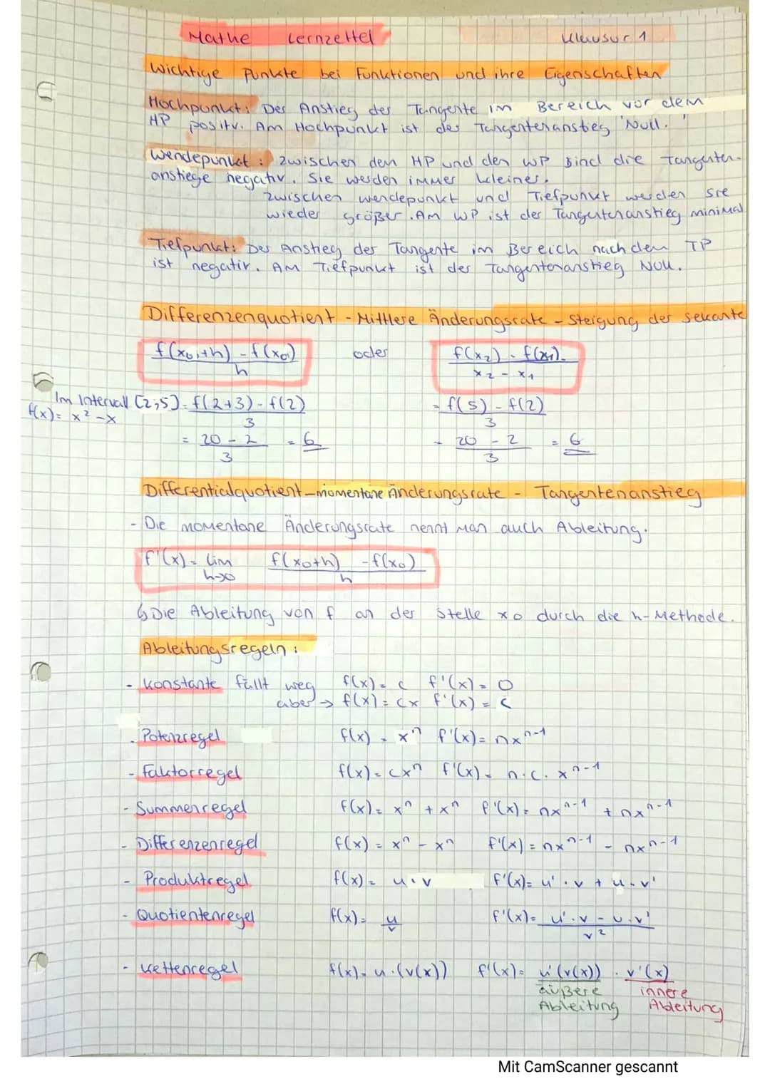 e
Mathe
Lernzettel
Wichtige Punkte bei Funktionen und ihre Eigenschaften
Bereich vor dem
Hochpunkt: Der Anstieg der Tangente in
HP posity. A