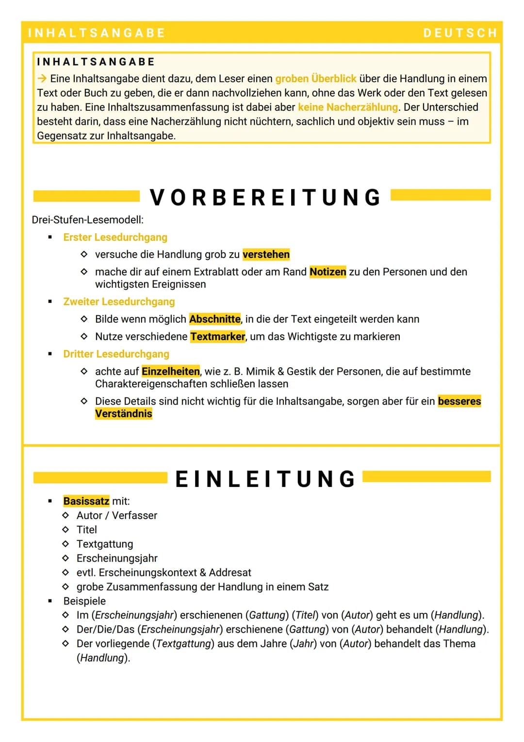 INHALTSANGABE
INHALTSANGABE
→ Eine Inhaltsangabe dient dazu, dem Leser einen groben Überblick über die Handlung in einem
Text oder Buch zu g