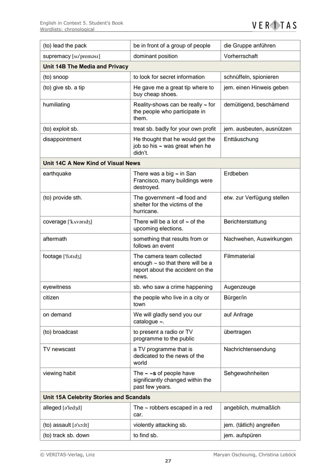 English in Context 5. Student's Book
Wordlists: chronological
Chronological Wordlists
Diese Liste enthält den empfohlenen Arbeitswortschatz 