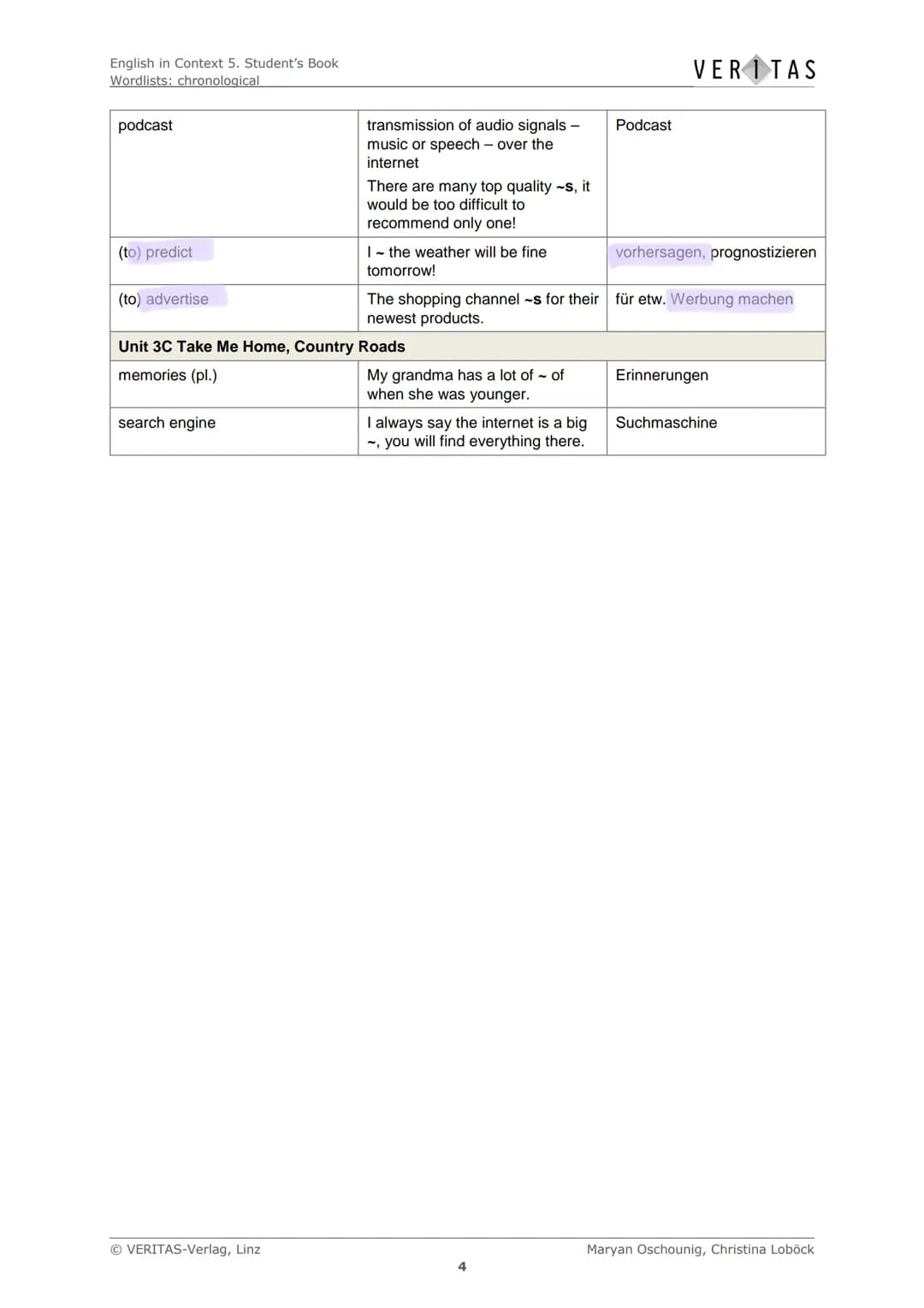 English in Context 5. Student's Book
Wordlists: chronological
Chronological Wordlists
Diese Liste enthält den empfohlenen Arbeitswortschatz 