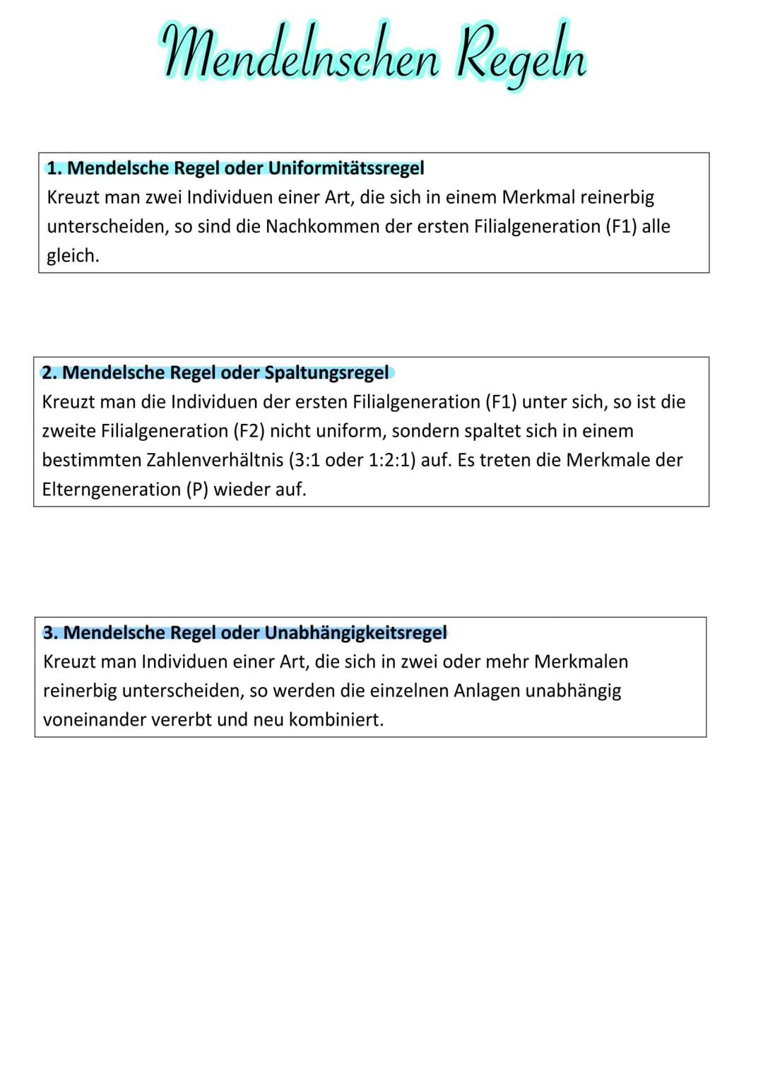 Mendelnschen Regeln
1. Mendelsche Regel oder Uniformitätssregel
Kreuzt man zwei Individuen einer Art, die sich in einem Merkmal reinerbig
un