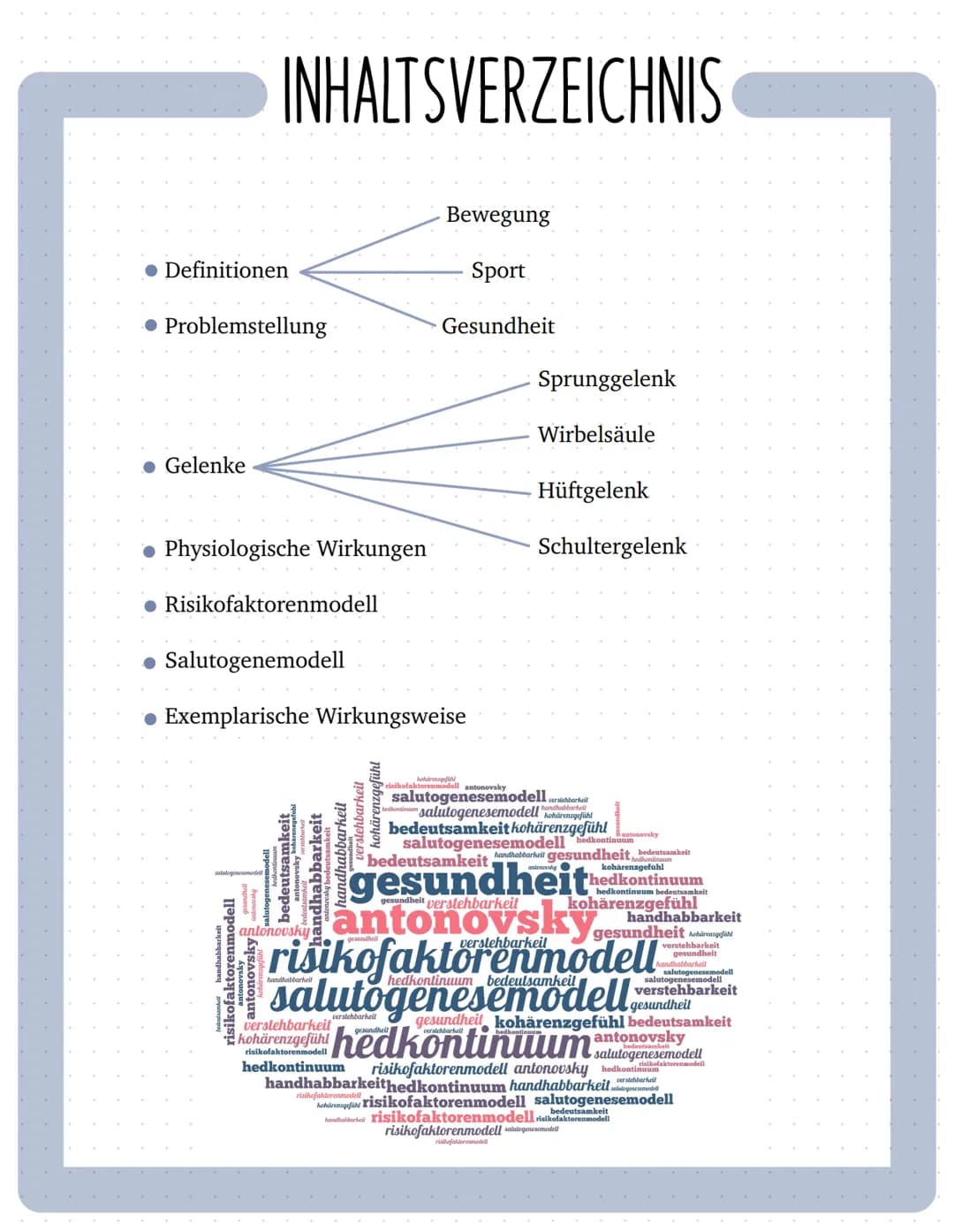 SPORT & GESUNDHEIT ● Definitionen
● Problemstellung
Gelenke
INHALTSVERZEICHNIS
Physiologische Wirkungen
Risikofaktorenmodell
bedentsamkeit h
