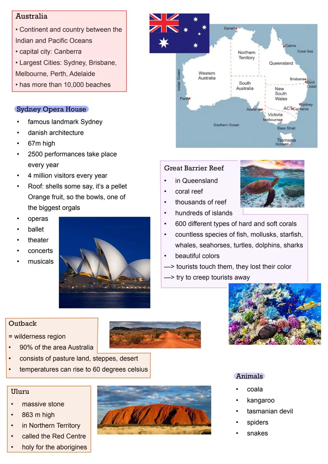 ●
Australia
• Continent and country between the
Indian and Pacific Oceans
capital city: Canberra
Largest Cities: Sydney, Brisbane,
Melbourne