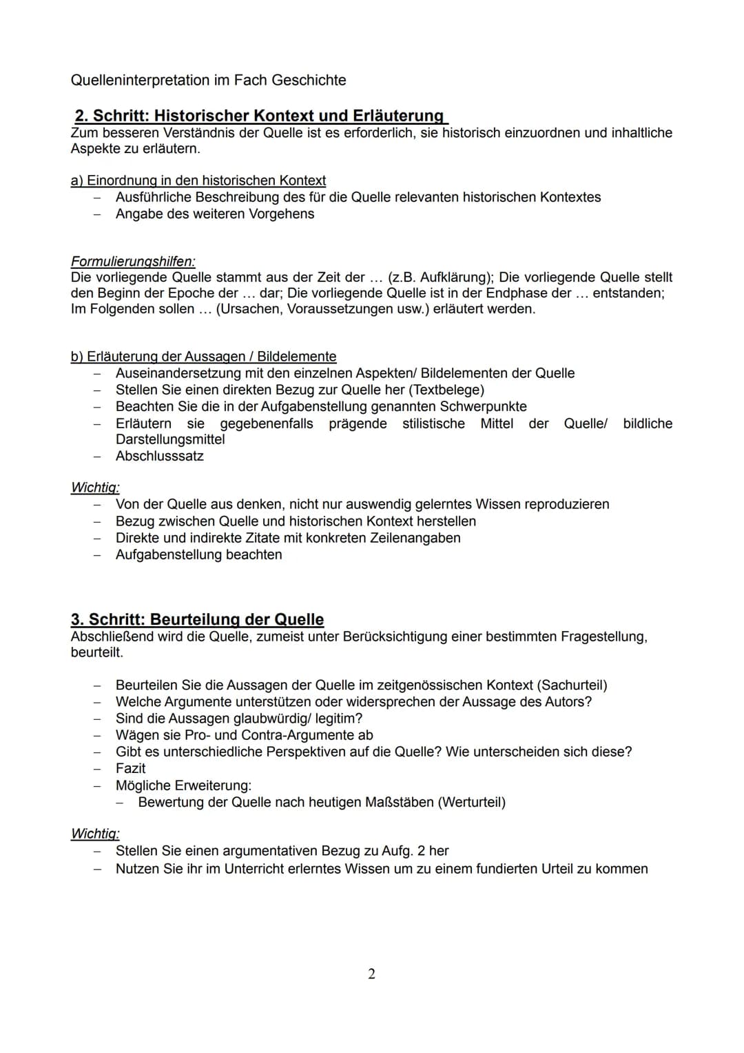 Quelleninterpretation im Fach Geschichte
1. Schritt: Quellenanalyse
Die Quellenanalyse beinhaltet äußere (formale) und inhaltliche Merkmale 