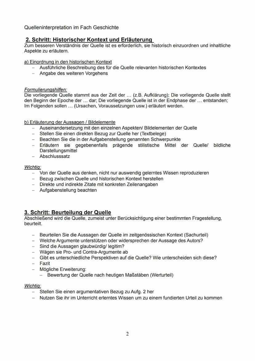 Quelleninterpretation im Fach Geschichte
1. Schritt: Quellenanalyse
Die Quellenanalyse beinhaltet äußere (formale) und inhaltliche Merkmale 