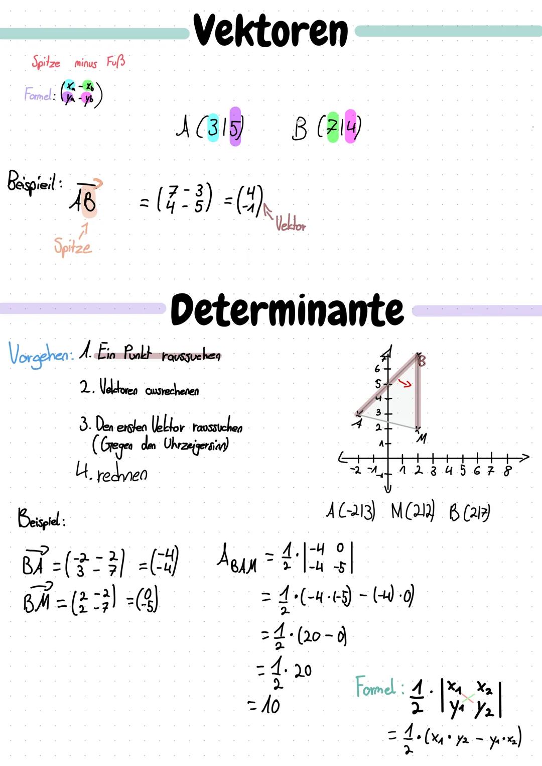 # Vektoren

Spitze minus Fuß
Formel:($\binom{x_a - x_b}{y_a - y_b}$)

A (315) B (714)

Baspieil: $\overrightarrow{AB}$ = $\binom{7-3}{4-5}$ 