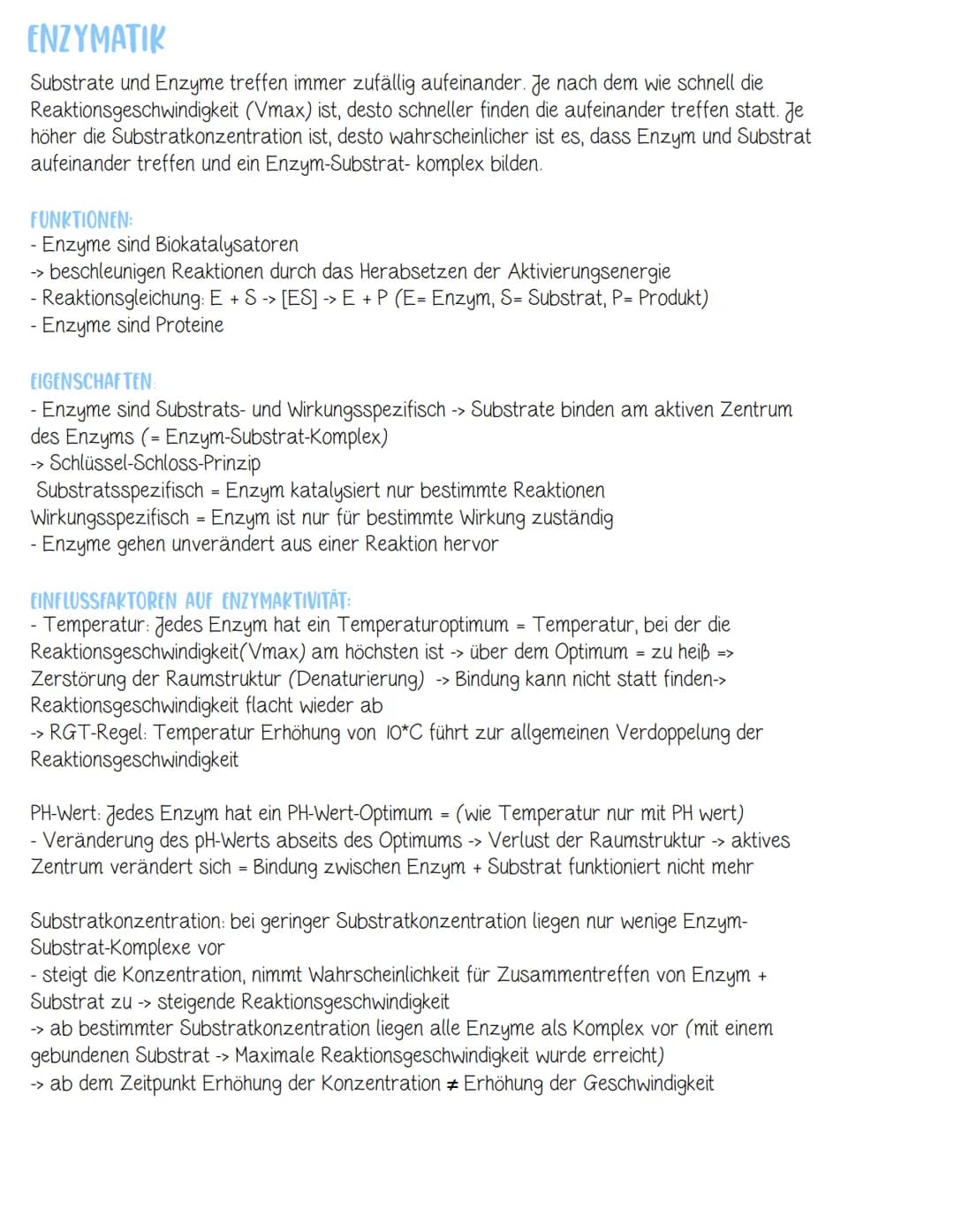 Sättigungskurve
Gehen unverändert aus
Reaktion hervor
Denaturierung bei
Hitze
Substratkonzentration
Aktives Zentrum -> Schlüssel-Schloss-Pri