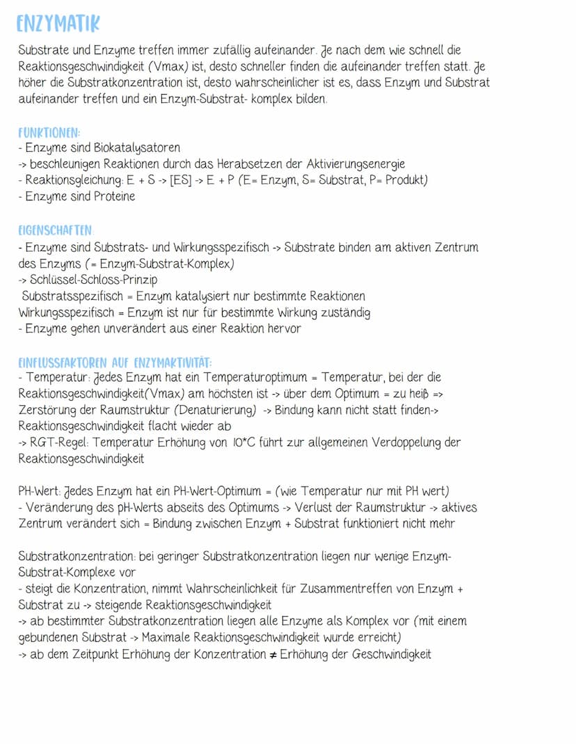 Sättigungskurve
Gehen unverändert aus
Reaktion hervor
Denaturierung bei
Hitze
Substratkonzentration
Aktives Zentrum -> Schlüssel-Schloss-Pri