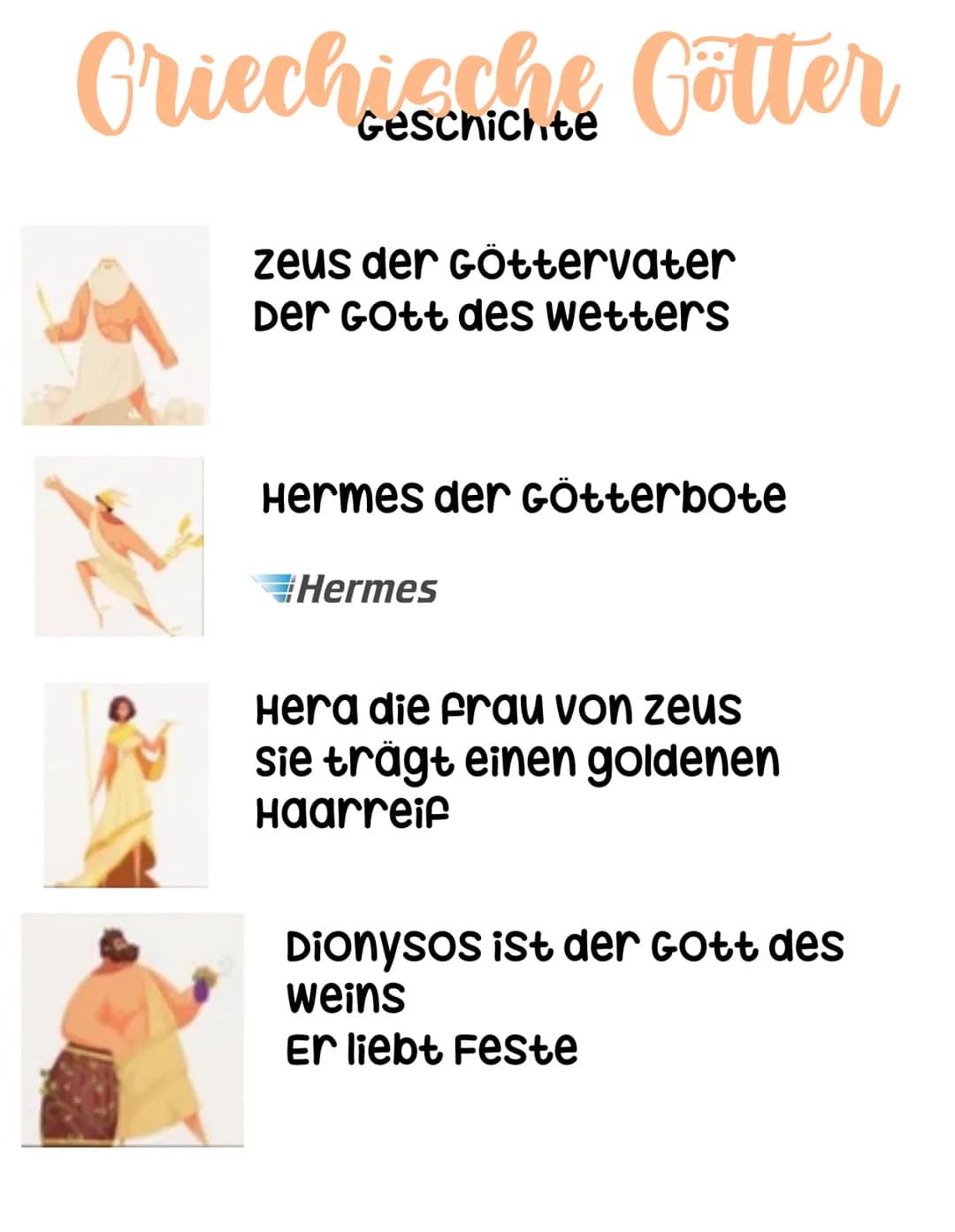 Griechische Götter
zeus der Göttervater
Der GOtt des wetters
Hermes der Götterbote
Hermes
Hera die frau von zeus
sie trägt einen goldenen
Ha