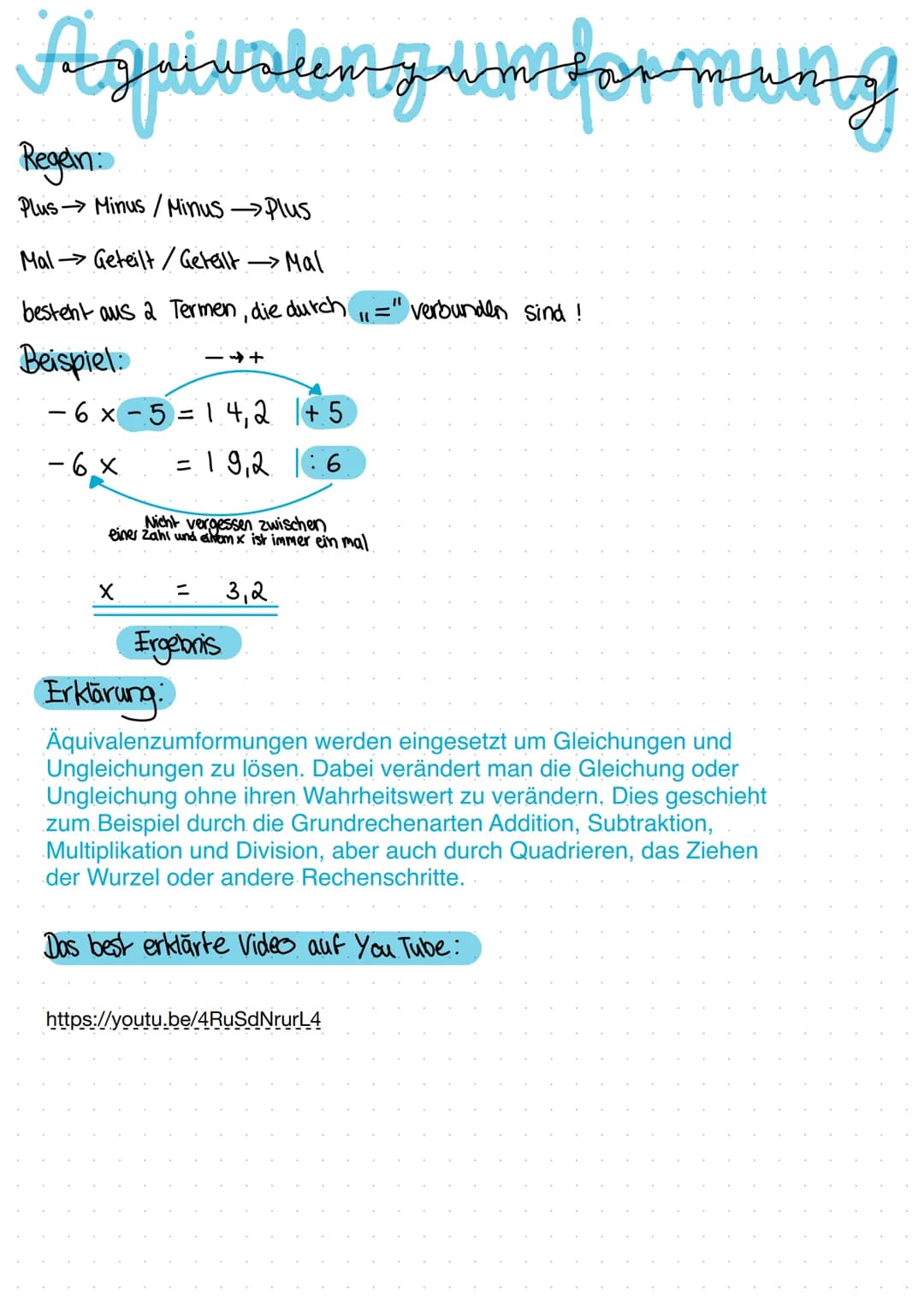 Aguivalenzumforming of
идел
Regelin:
Plus Minus / Minus →→Plus
Mal→ Geteilt/Getalt →→Mal
besteht aus 2 Termen, die durch ,,=" verbunden sind