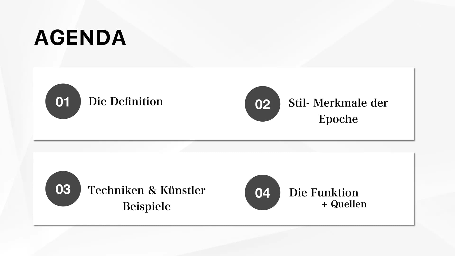 IMPRESSIONISMUS
(1870-1905) AGENDA
01
03
Die Definition
Techniken & Künstler
Beispiele
02 Stil- Merkmale der
Epoche
04
Die Funktion
+ Quelle
