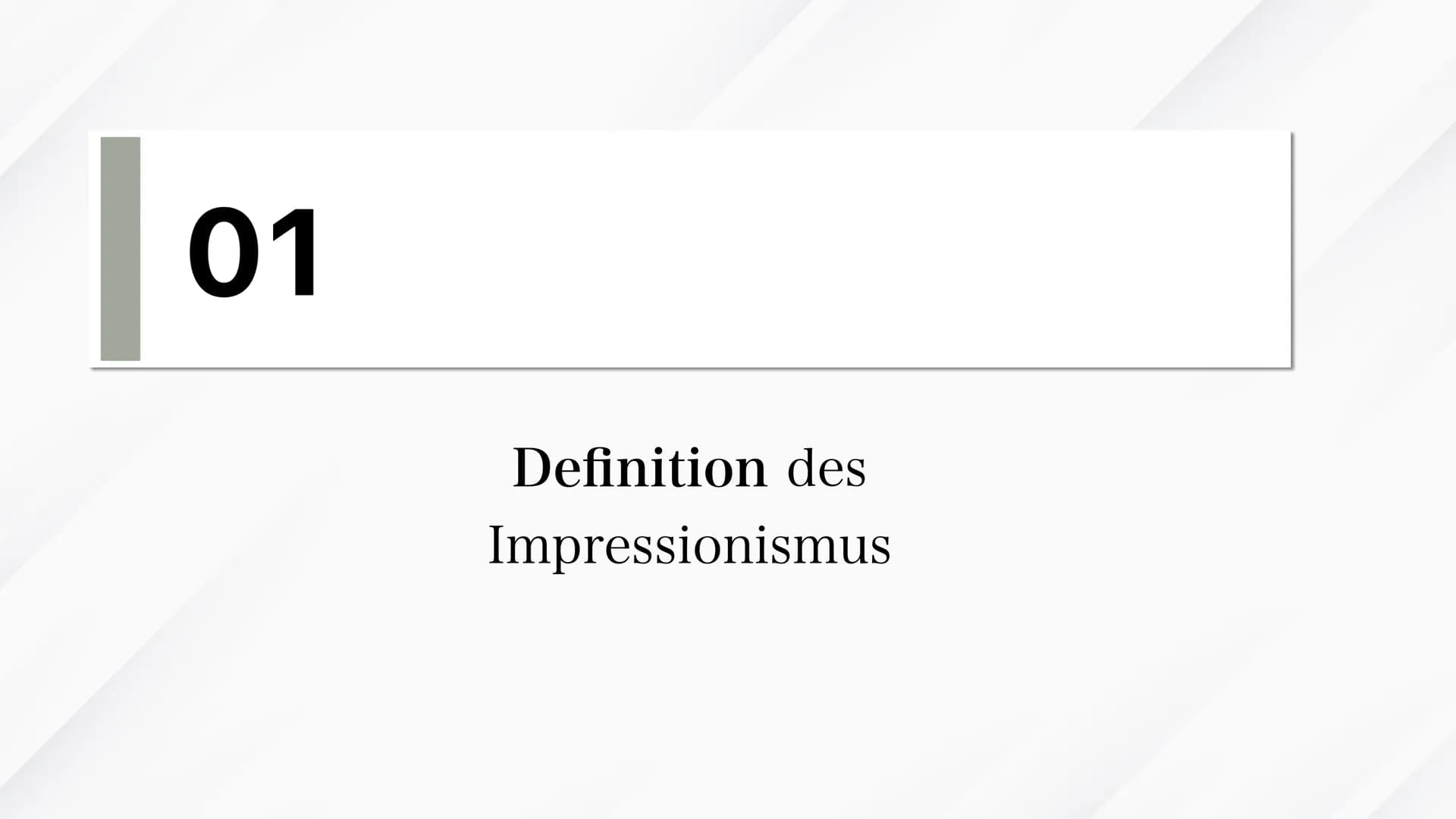 IMPRESSIONISMUS
(1870-1905) AGENDA
01
03
Die Definition
Techniken & Künstler
Beispiele
02 Stil- Merkmale der
Epoche
04
Die Funktion
+ Quelle