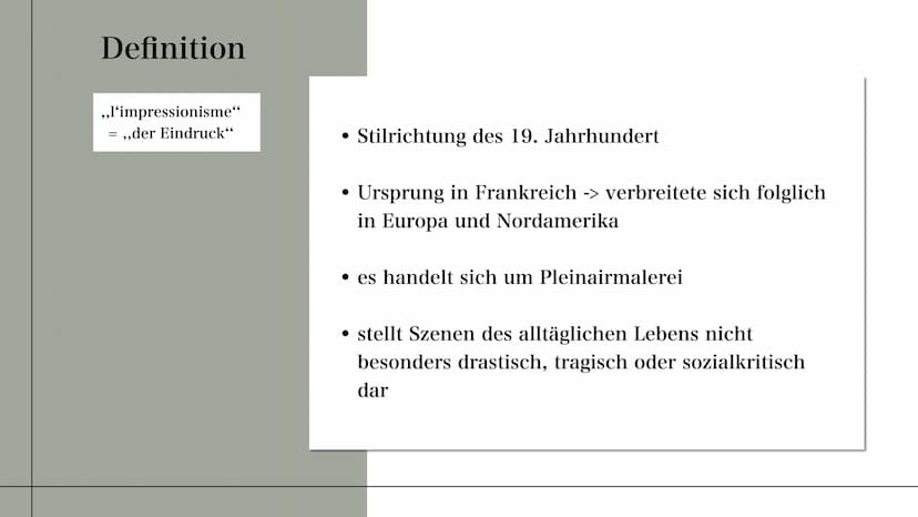 IMPRESSIONISMUS
(1870-1905) AGENDA
01
03
Die Definition
Techniken & Künstler
Beispiele
02 Stil- Merkmale der
Epoche
04
Die Funktion
+ Quelle