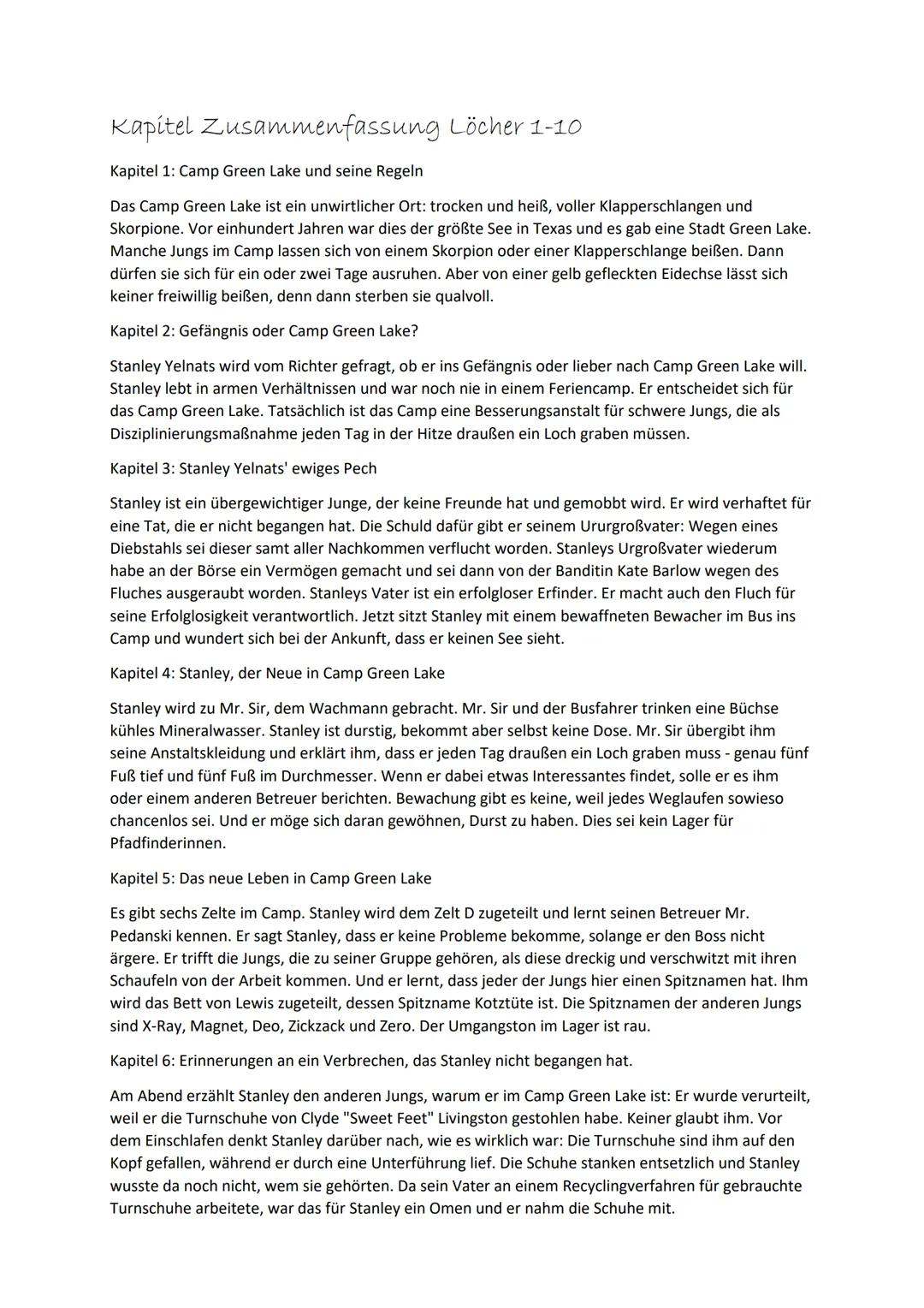 # Kapitel Zusammenfassung Löcher 1-10

Kapitel 1: Camp Green Lake und seine Regeln

Das Camp Green Lake ist ein unwirtlicher Ort: trocken un