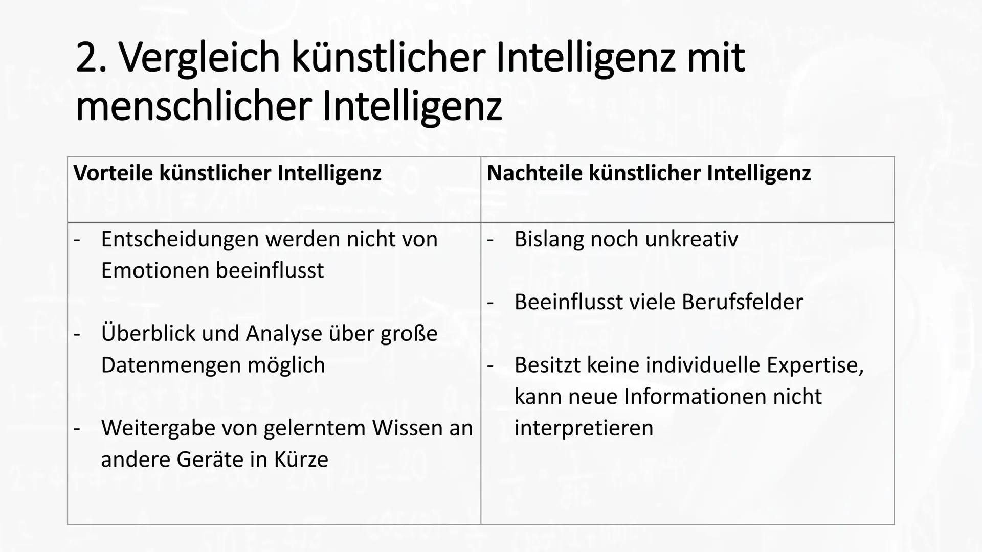 1. Definition
Teilgebiet der Informatik, dass sich mit der technischen Nachbildung menschlicher Intelligenz
befasst.
■
■
■
■
■
■
2. Vergleic