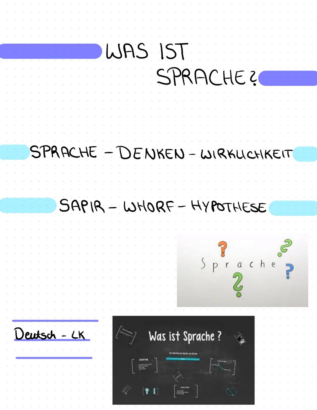 WAS IST
SPRACHE?

SPRACHE - DENKEN - WIRKLICHKEIT

SAPIR - WHORF - HYPOTHESE

?
Sprache?
?

Deutsch - LK

Was ist Sprache ?

[11] # CAS IST 
