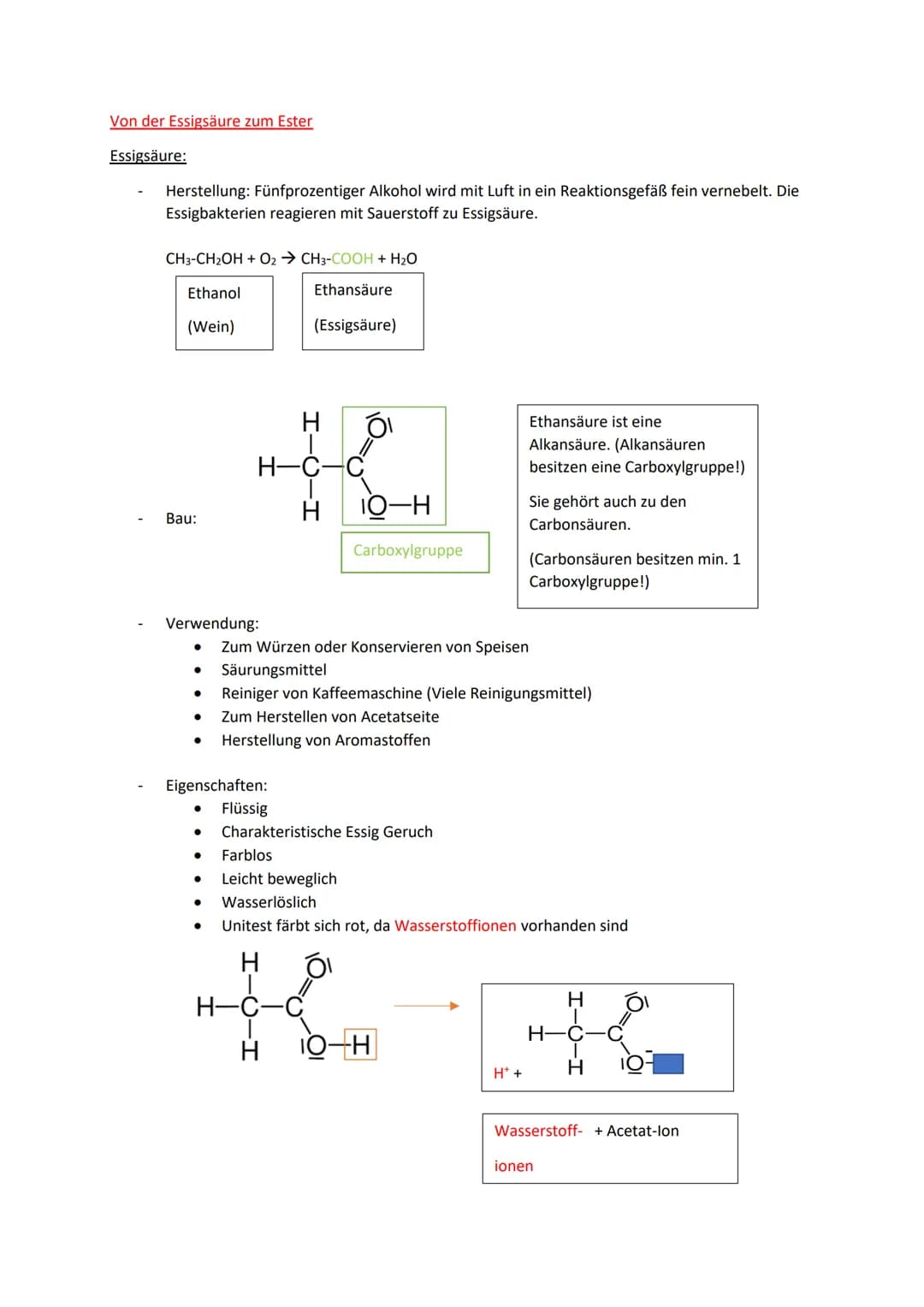 Von der Essigsäure zum Ester
Essigsäure:
Herstellung: Fünfprozentiger Alkohol wird mit Luft in ein Reaktionsgefäß fein vernebelt. Die
Essigb