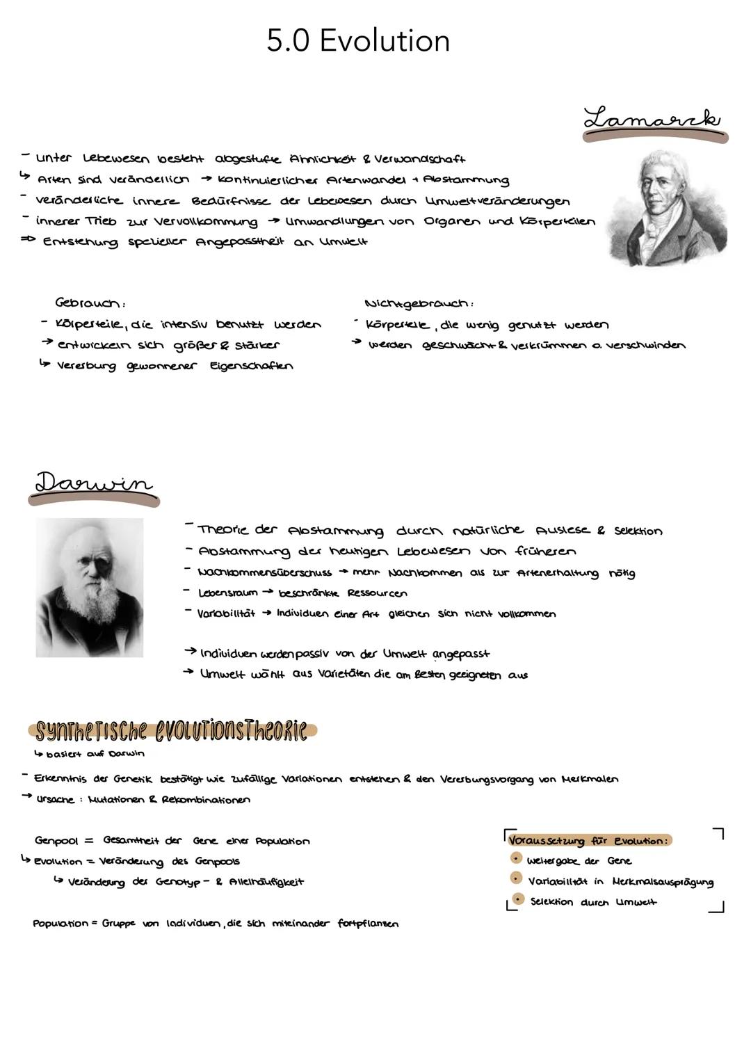 # 5.0 Evolution

Lamarck

- unter Lebewesen besteht abgestufle Ahnlichkeit & Verwandschaft

↳ Arten sind veränderlich → kontinuierlicher Art