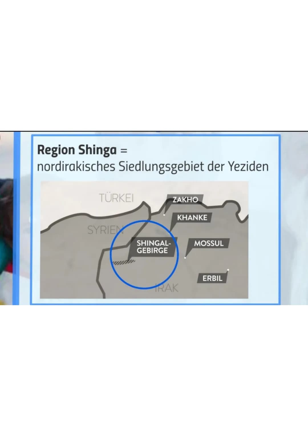 
<p>Die Yeziden sind eine kurdisch sprechende religiöse Minderheit, die im nördlichen Irak, im Nordosten Syriens, dem Südosten der Türkei un