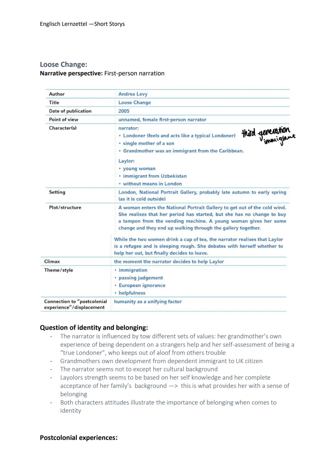 Englisch Lernzettel -Short Storys
Identity and Belonging:
Questions of identity:
Who am I?
What does my family think of me?
What do I think 