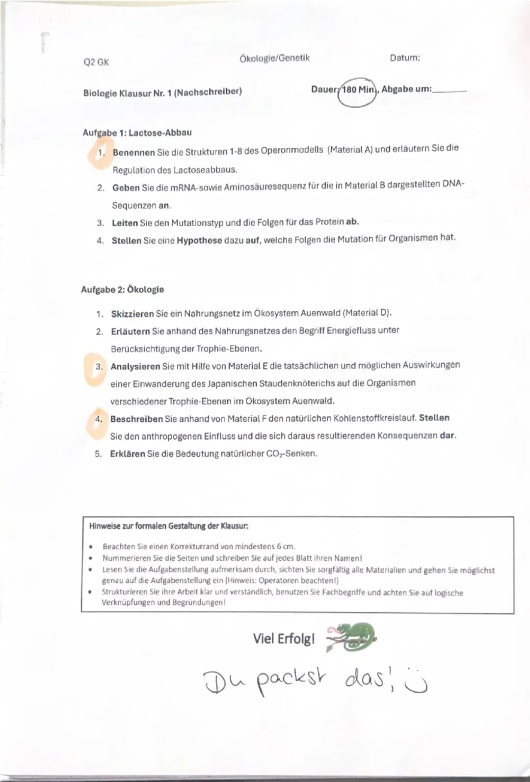 Punki mua
Q2 GK
Ökologie/Genetik
Datum:
Materialpaket Aufgabe 1:
Material A:
6
Substrat
vorhanden
ohnee
Substrat
Substrat
Lactose (Effektor)