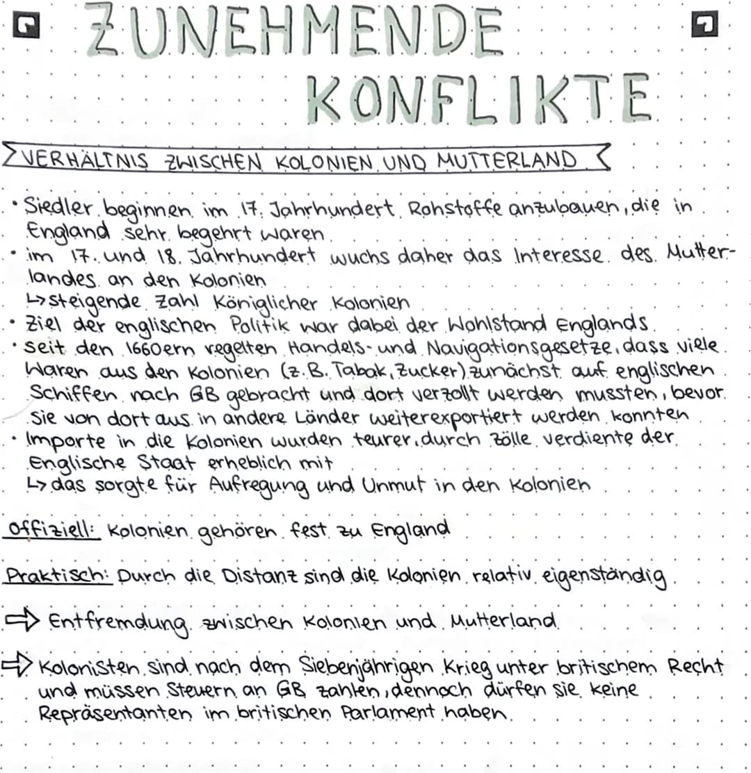 ZUNEHMENDE
KONFLIKTE
ZVERHÄLTNIS ZWISCHEN KOLONIEN UND MUTTERLAND
•Siedler beginnen im 17 Jahrhundert Rohstoffe anzubauen, die in
England se