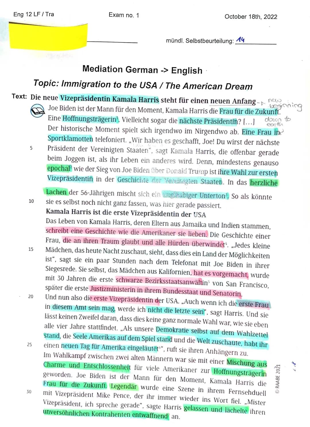 Eng 12 LF / Tra
5
10
Mediation German -> English
down to
earth
Topic: Immigration to the USA / The American Dream
Text: Die neue Vizepräside