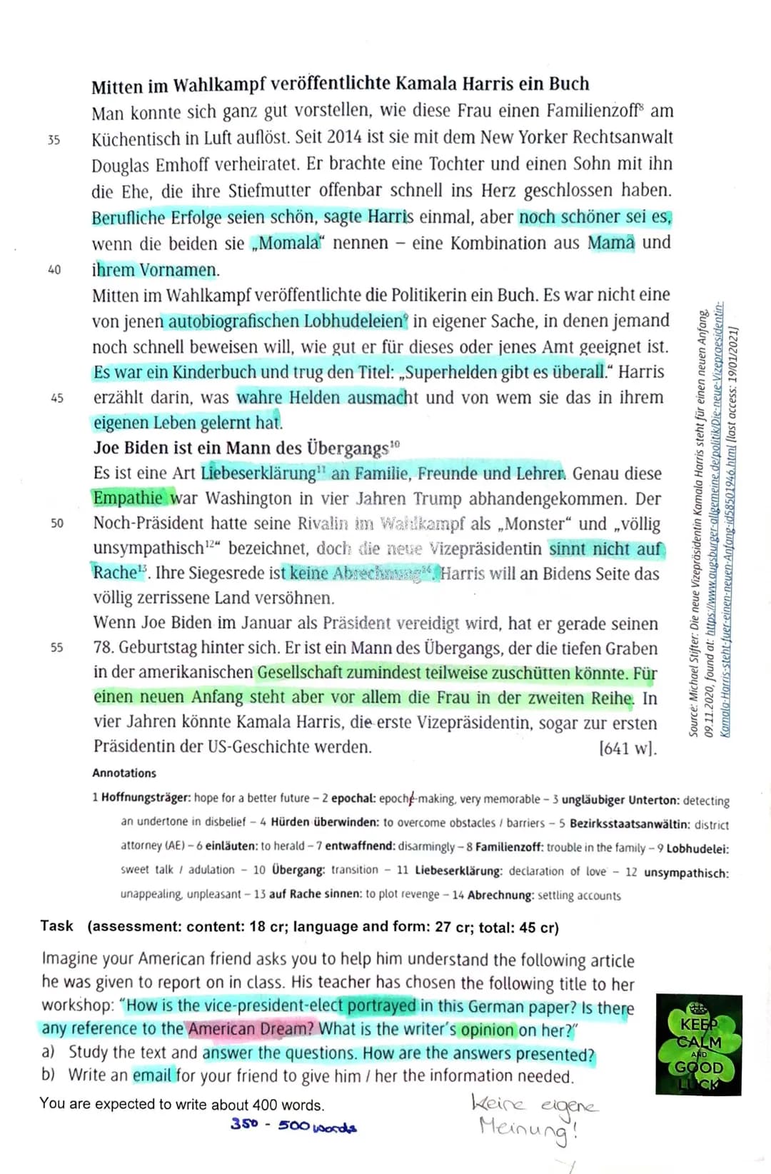 Eng 12 LF / Tra
5
10
Mediation German -> English
down to
earth
Topic: Immigration to the USA / The American Dream
Text: Die neue Vizepräside