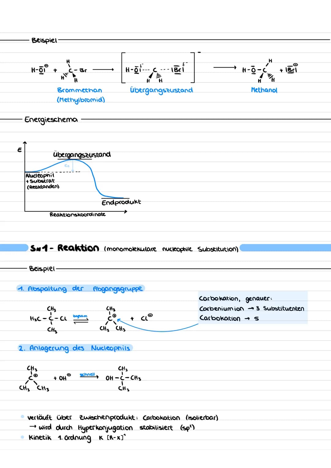 Sw-Reaktion
Übersicht
Kohle
Erdöl
Nuzkophile Substitution
Fischer-Tropsch
Destillation
Kohlenwasserstoffe
R-H
Allgemeiner Ablauf
Nu +
HOⓇ +
