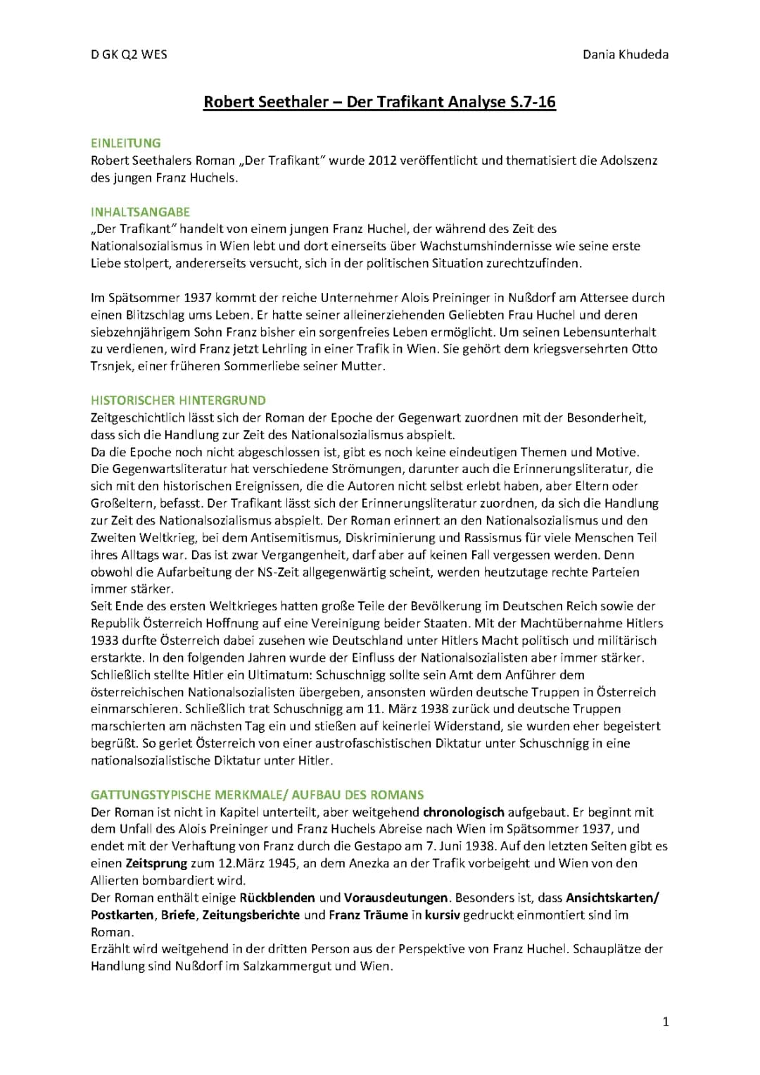 Robert Seethaler - Der Trafikant Analyse S.7-16