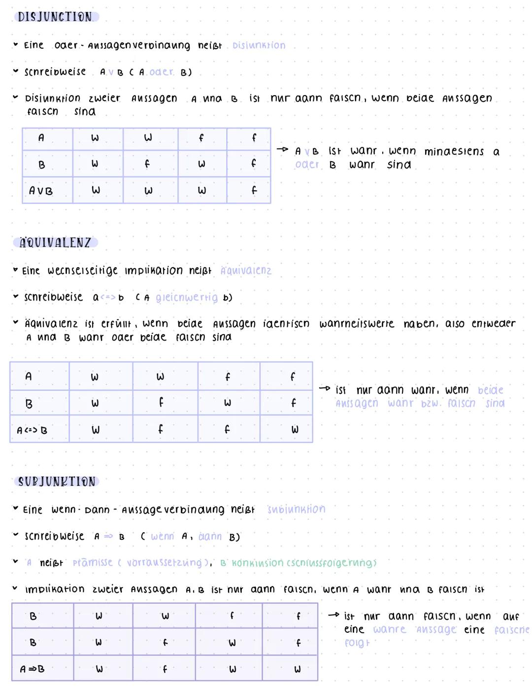 MATHE NOTES
S Aussagenlogik
DEFINITION Eine Aussage ist ein satz, der eindeutig richtig oder faison ist.
→ Eine Aussage A ist die Beschreibu