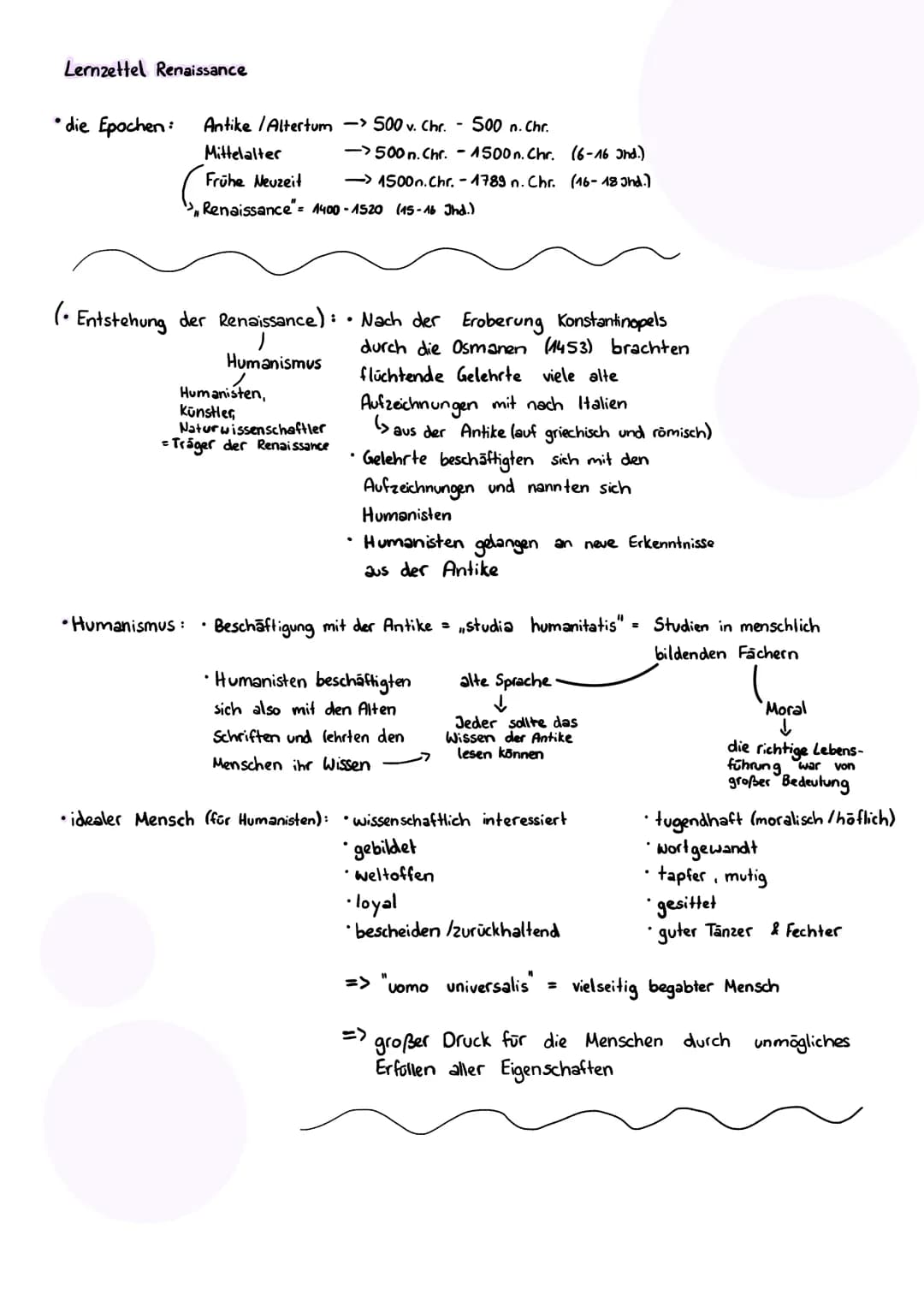 Lernzettel Renaissance
• die Epochen:
500 n. Chr.
Antike /Altertum >500 v. Chr. -
Mittelalter
->500 n. Chr. - 1500 n. Chr. (6-16 Ind.)
Frühe