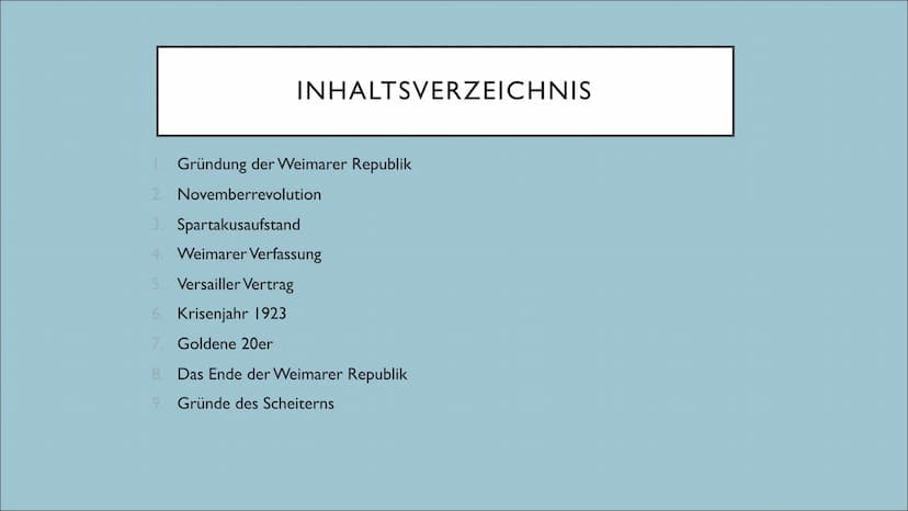 WEIMARER REPUBLIK INHALTSVERZEICHNIS
[. Gründung der Weimarer Republik
2. Novemberrevolution
3. Spartakusaufstand
4. Weimarer Verfassung
5. 