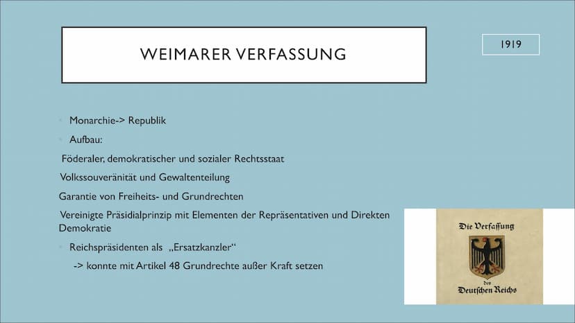 WEIMARER REPUBLIK INHALTSVERZEICHNIS
[. Gründung der Weimarer Republik
2. Novemberrevolution
3. Spartakusaufstand
4. Weimarer Verfassung
5. 