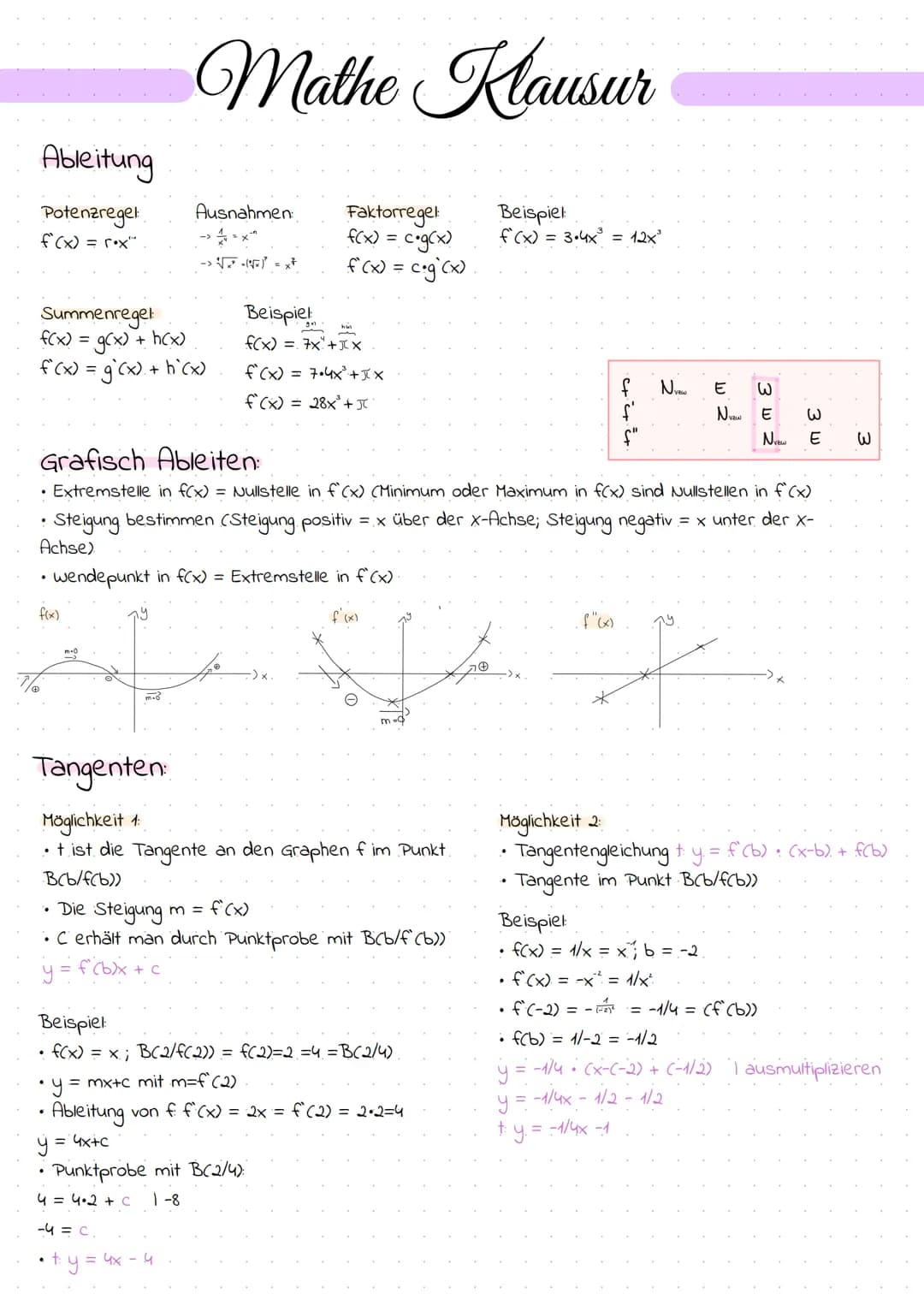 Ableitung
Potenzregel
f(x) = rox"
Summenregel
f(x) = g(x) + h(x)
f'(x) = g(x) + h'(x)
f(x)
Mathe Klausur
y = 4x+c
Ausnahmen:
wendepunkt in f