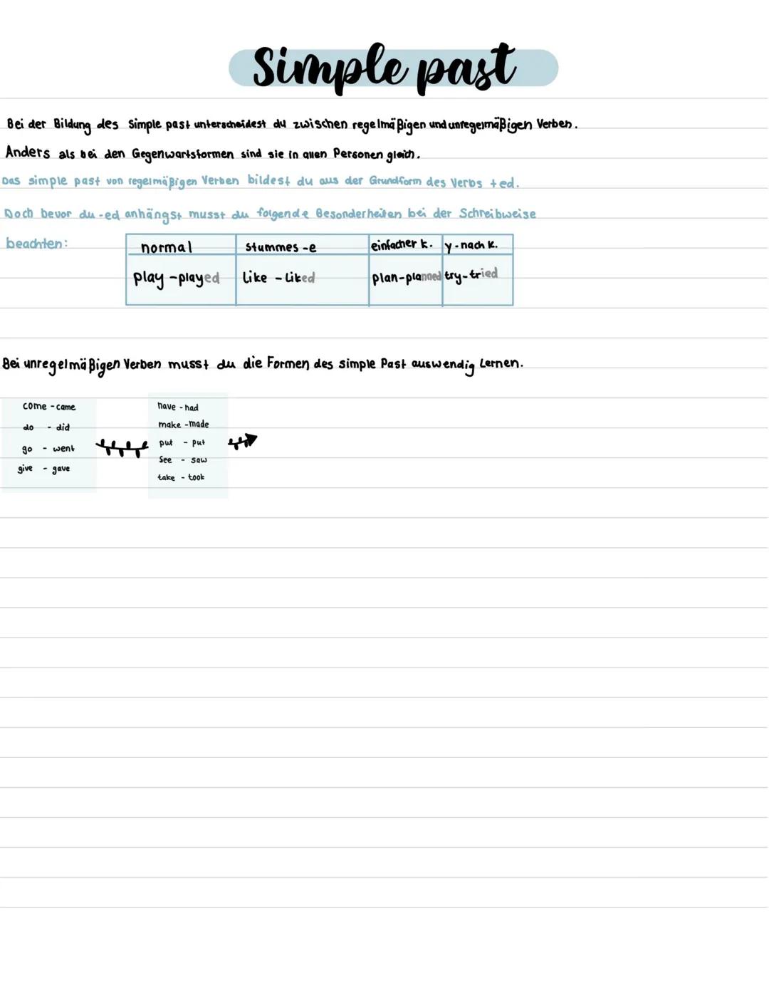 Simple past
Bei der Bildung des Simple past unterscheidest du zwischen regelmäßigen und unregelmäßigen Verben.
Anders als bei den Gegenwarts